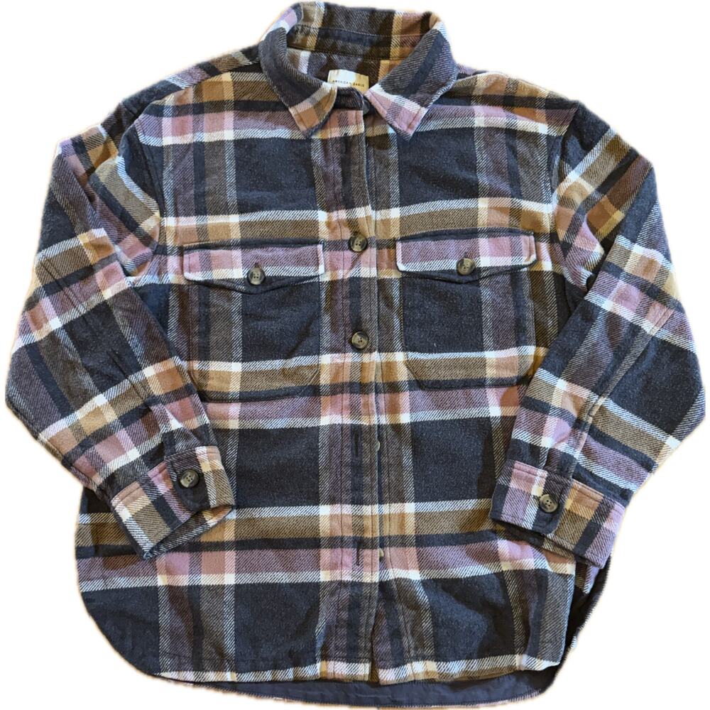 American Eagle Shacket Womens Size M Gray Plaid Flannel Button Front